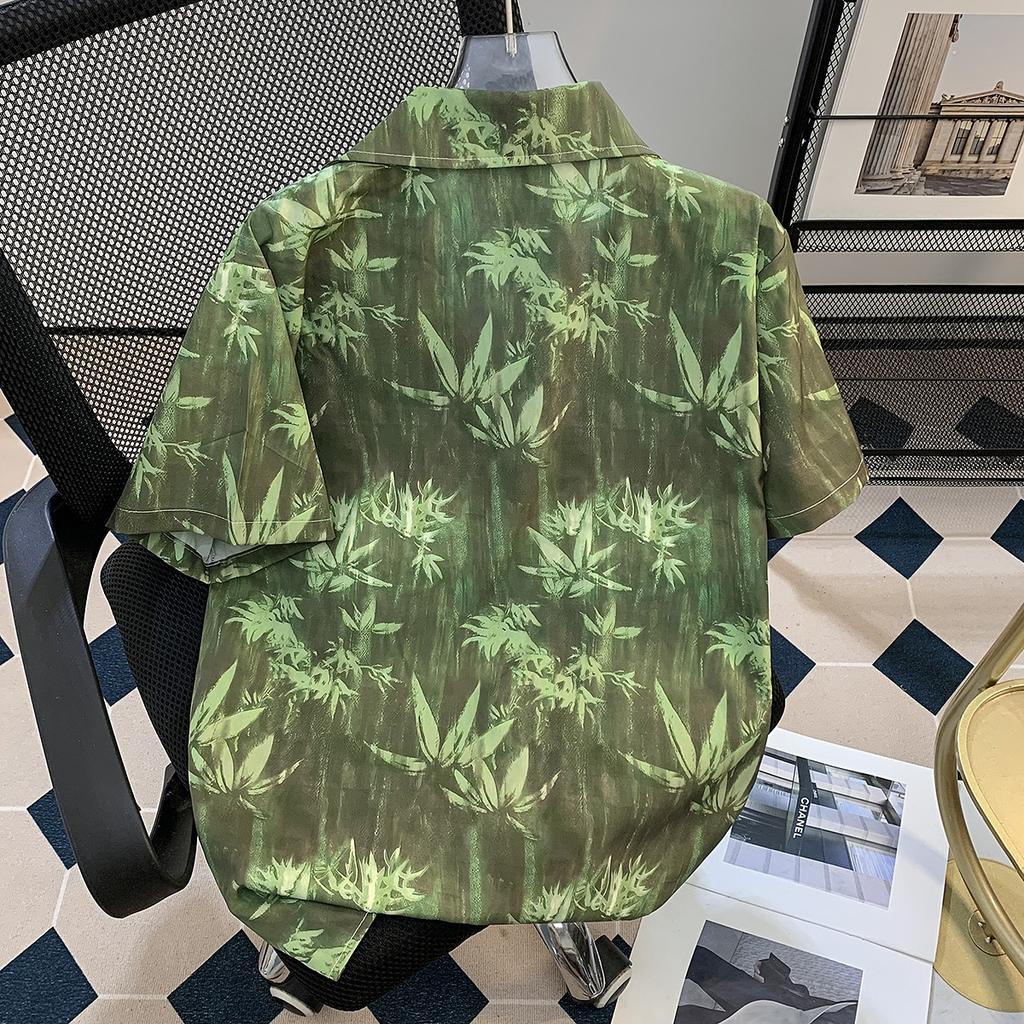 Summer Ink Painting Flower Short Sleeve Shirt Men's BF Casual Thin High-Grade Half Sleeve Cuban Collar Ice Silk Shirt