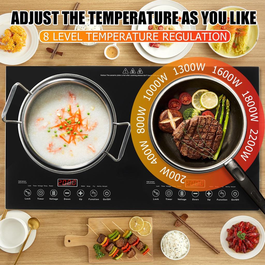 200-2200W Induction Hob Cooker 2 Stove Electric Induction Hob With Ultra-thin Body 8 Levels Temperature Control Black 27.6"" * 15.7"" * 3""