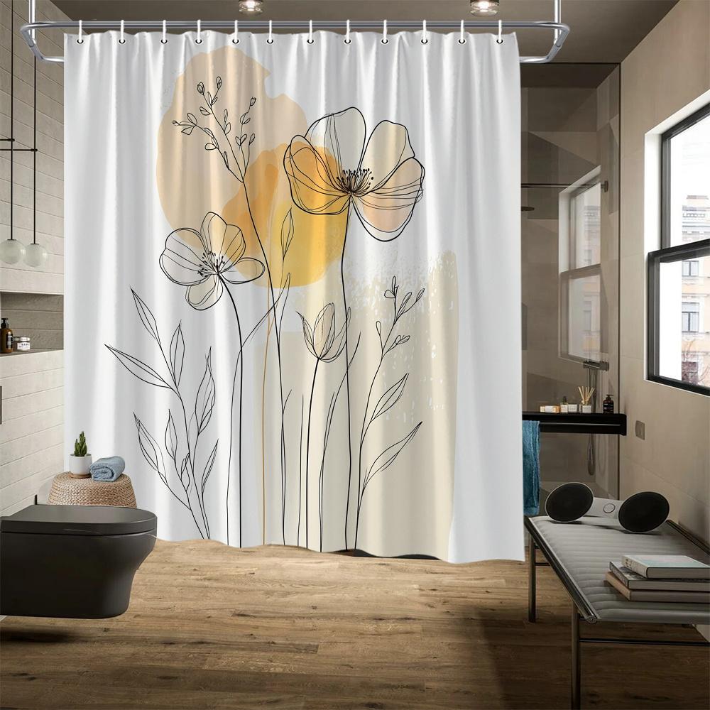 

Minimalist Flower Shower Curtain – Black Line Art With Yellow Watercolor Accents, Elegant Botanical Design,Includes Hooks W60H190(CM)-1 Pcs