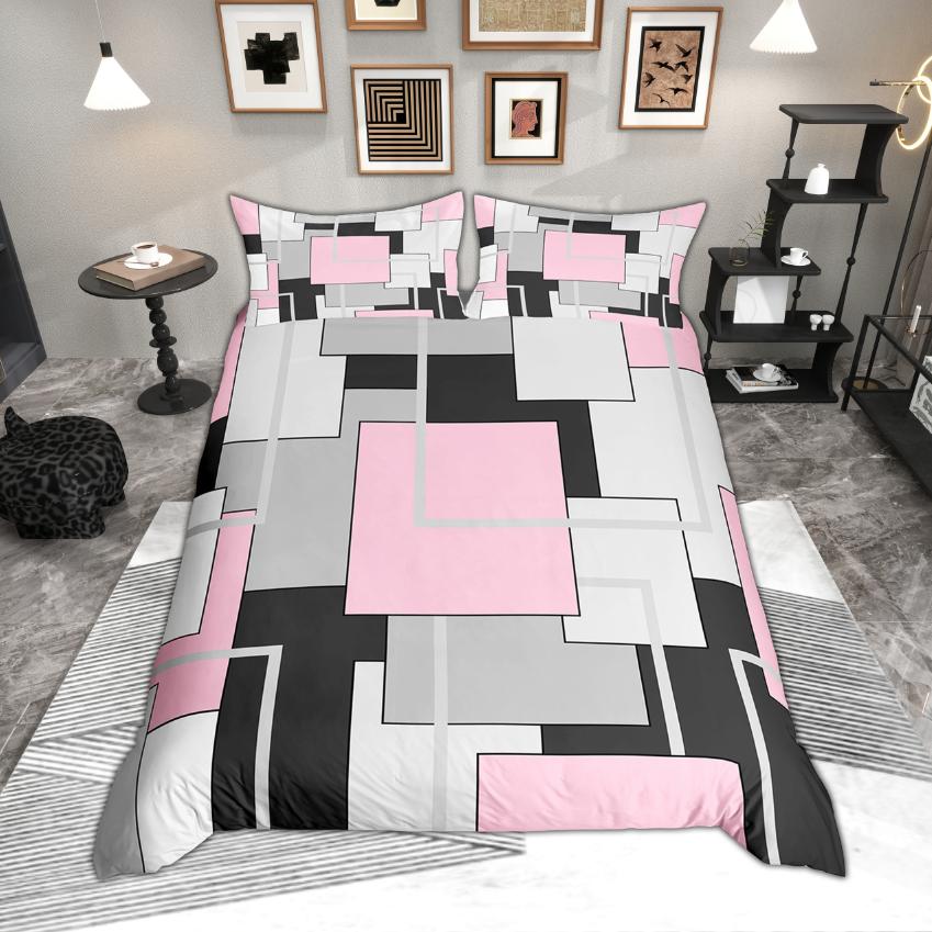 Homewish Modern Geometric Duvet Cover Set, Aesthetic Square Plaid Bedding, Abstract Minimalist Quilt Cover Set