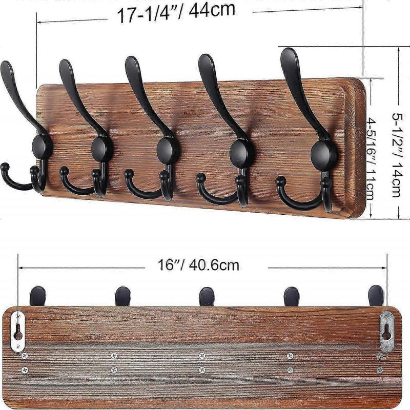 Coat Rack Wall Mounted - Wooden, Heavy Duty, for Wall, 16'' Hole To Hole, with 5 Triple Hooks for Hanging Clothes, Jacket, Hat (Brown)
