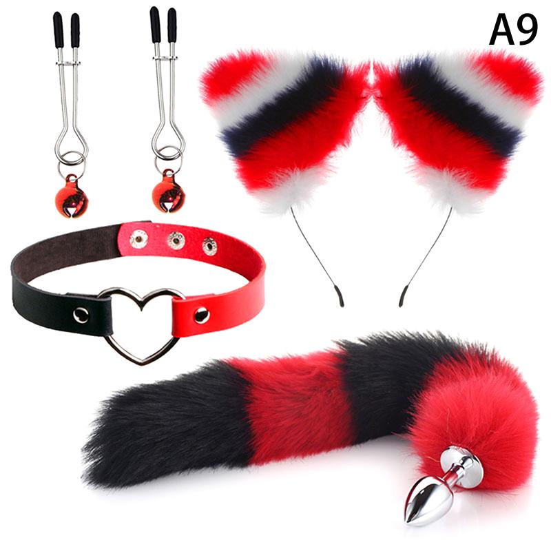 4Pcs Set Cute Fox Butt Tail Collar Anal Plug Nipple Clamp Soft Cat Ears Headbands Cosplay Adult Sex Toys Accessories