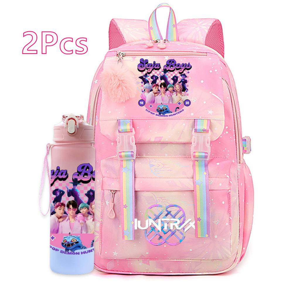 2Pcs/set New Anime Kpop Printed Backpack with 750Ml Water Bottler Large Capacity Travel Bag for Teenager Girl Boy Bookbag Kid Gift Large Capacity Bag