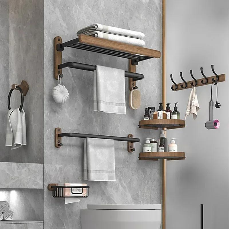 Bathroom Pendant Towel Holder Shower Rack Solid Wood Bathroom Shelf Shampoo Shower Gel Corner Holder Towel Bar Mobile Phone Rack
