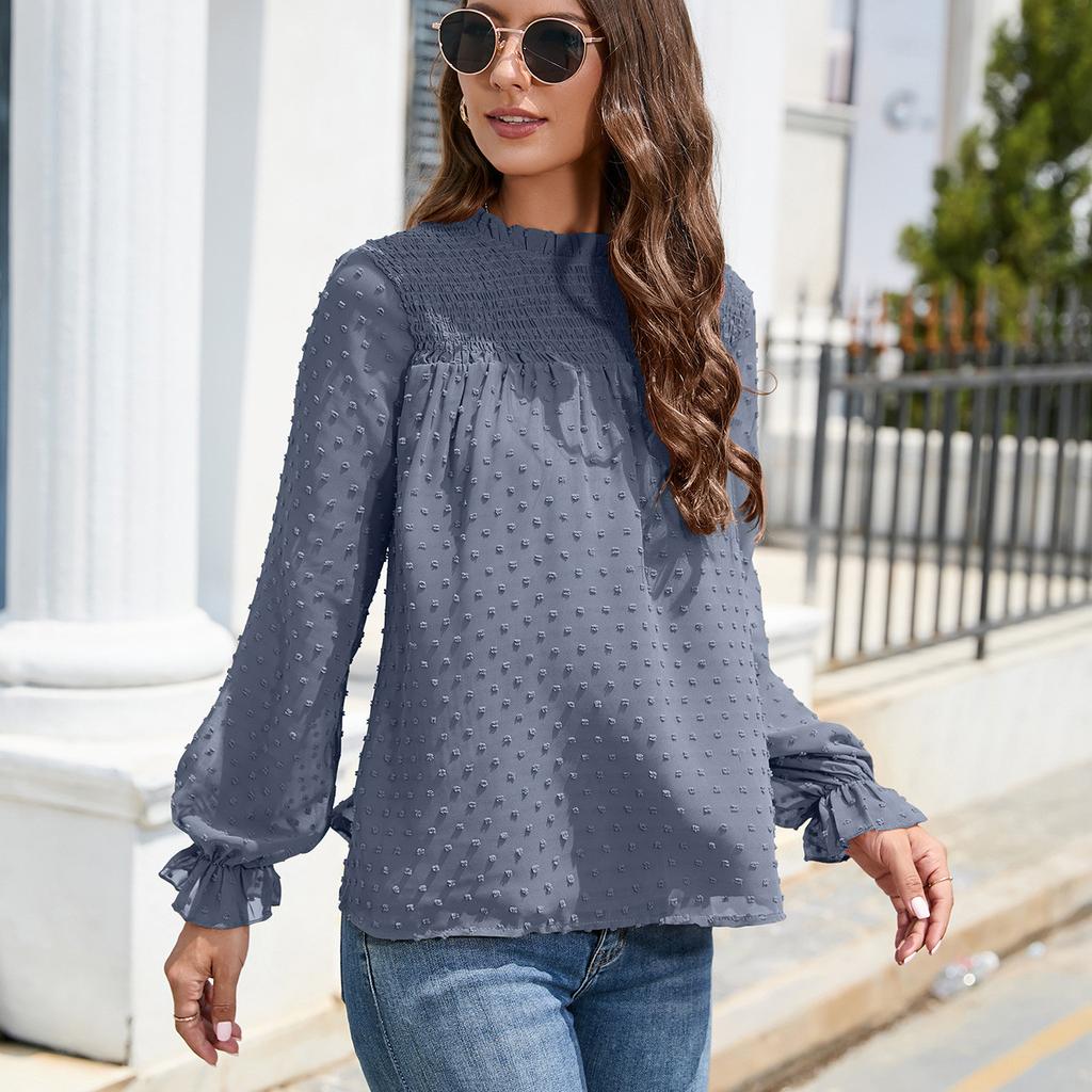 HNXC Women's Fashion Casual Summer Solid Color Print Long Sleeve O-Neck Blouses & Shirts