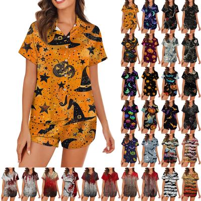Women's Ice Silk Pajamas Button Home Clothes Halloween Printed Short Sleeve Satin Pajama Set