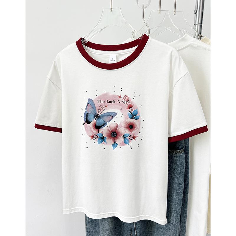 

2024 Women s Fashion Loose-Fit Color Block Cotton T-Shirt: Crew Neck, Short Sleeve, Slimming Design M