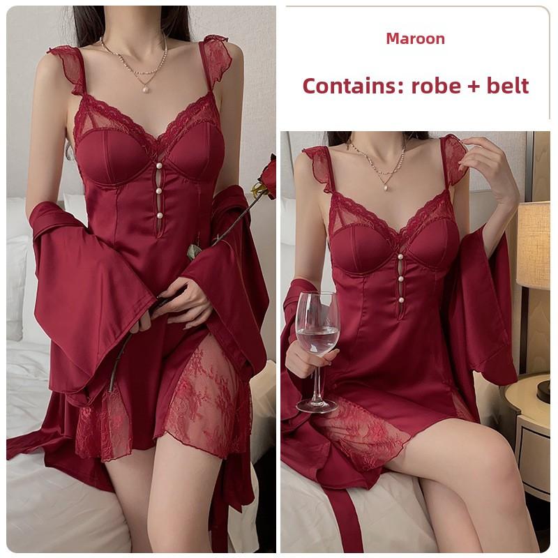 Satin Splicing Lace Perspective Sexy Deep V Plus Chest Pad Suspender Nightdress Robe Home Set