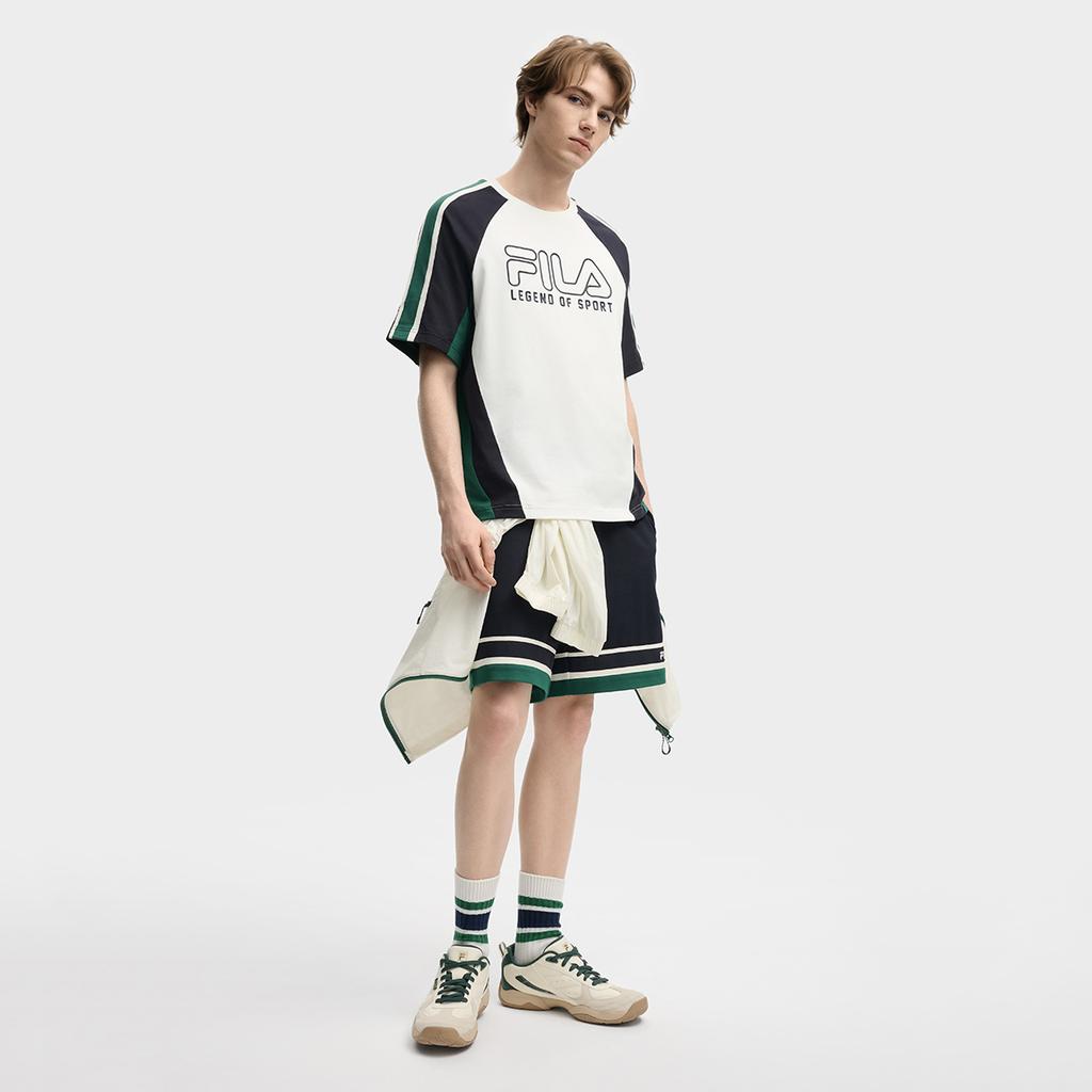 FILA Original Retro Fashion Casual Comfortable Versatile Knitted Short Sleeve T-Shirt Men Tops Cloud-Mushroom-White F11M539120FWT