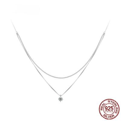 S925 Sterling Silber Glänzende Zirkon Anhänger Halskette Doppel Schicht Halskette für Frauen, Verlobung, Hochzeit Edlen Schmuck