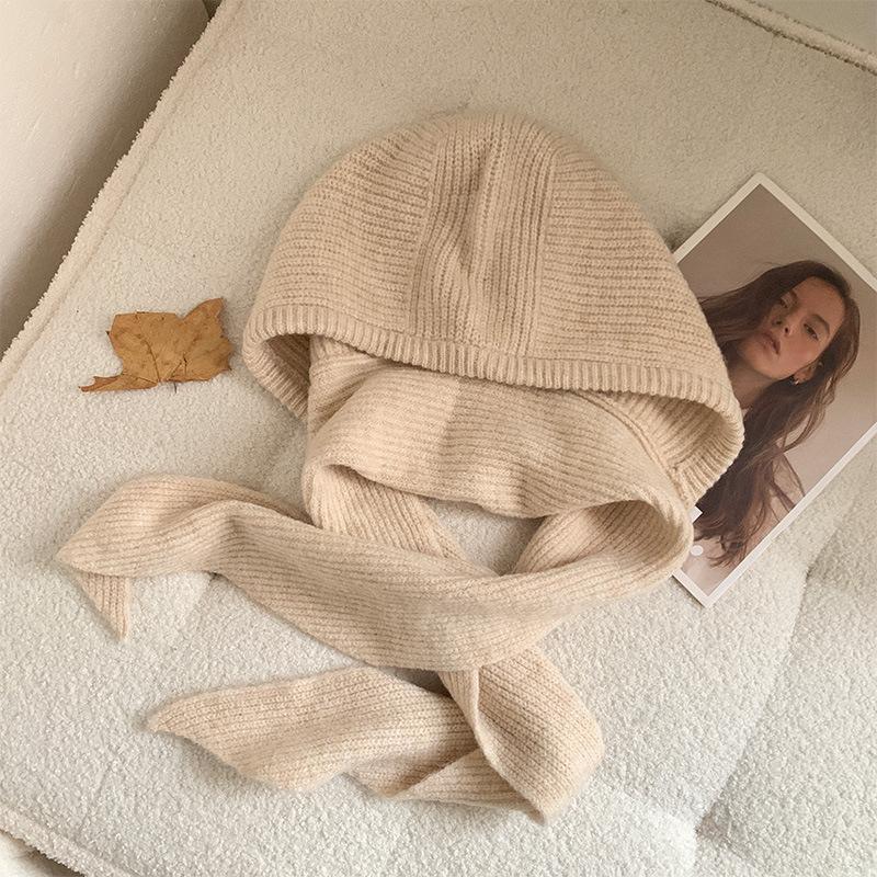 Women's Knitted Hat with Hood and Scarf Combination for Autumn/Winter Warmth