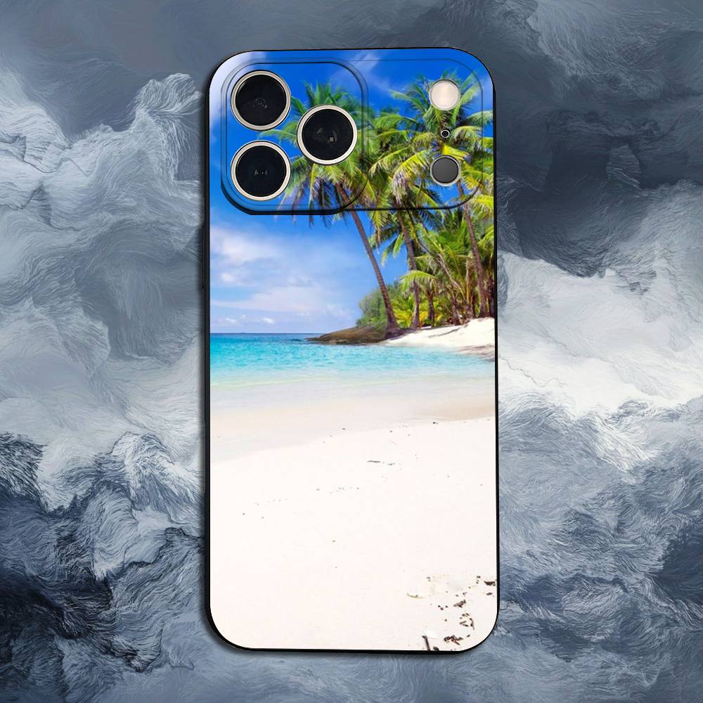 Sea Palm Trees Beach For iPhone 13,16,11,14,17,12,15,Plus,Pro Max,XS,X,XR,SE,Mini,8,7,Phone Case Soft Silicone Black