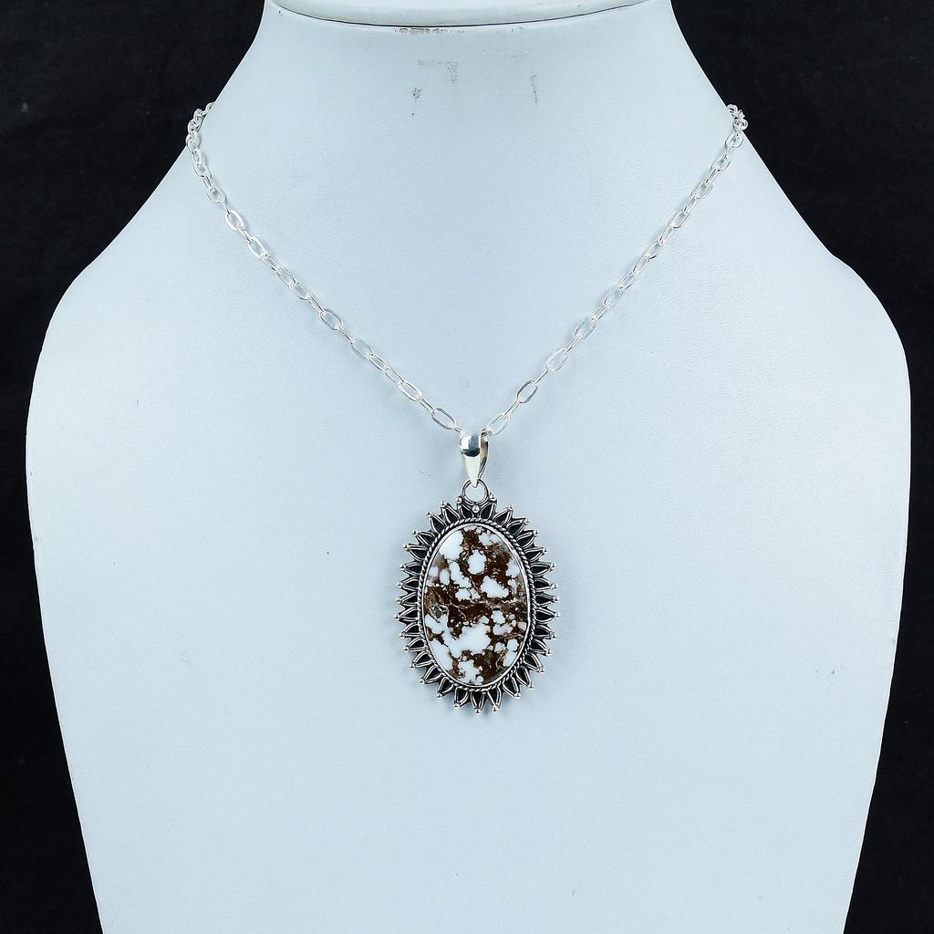 Delikatny wisiorek z kamieniem szlachetnym Jaspisu Dzikiego Konia ze srebra próby 925 - Ręcznie robiony owalny wzór, biżuteria do noszenia na co dzień, na imprezę, prezent