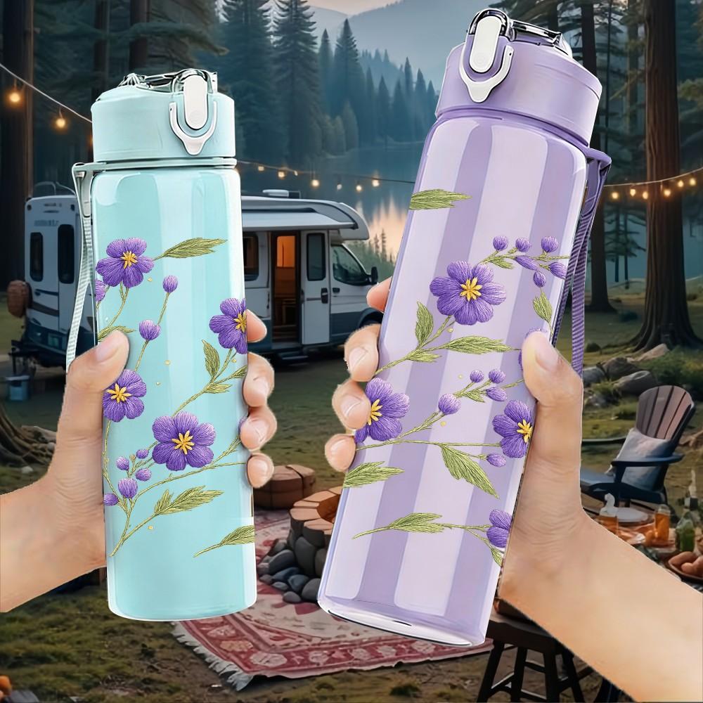 1PC Purple Lavender Small Flower Cluster Print 750ml Color Plastic Sports Water Bottle Leakproof Flip Straw Lid Suitable for Sports Office Home Use