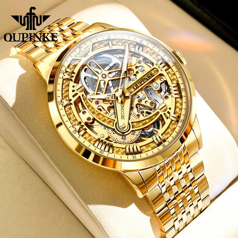 

OUPINKE Мужские часы Автоматические механические часы Полые деловые водонепроницаемые машины высокого класса часы