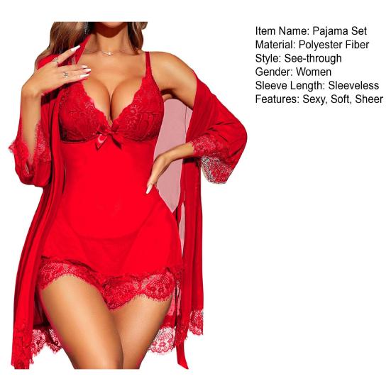 Sexy Lace Pajama Set for Women Babydoll Chemise Nightgown And Kimono Robe Set with Thong 3 Piece Sheer Mesh Sleepwear