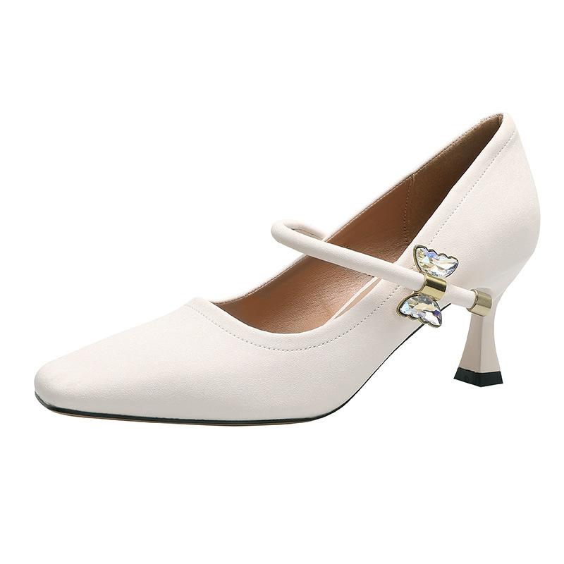 Black High Heels Temperament 2025 New One-word with Mary Jane Shoes White Stiletto French Square Head Light Mouth Single Shoes