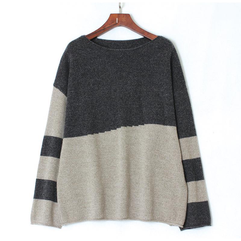 

Кашемировый свитер 7-й вязки с меланжевым колор-блоком – Круглый вырез, Утолщенный рукав реглан, Модная вязка свободного кроя One Size