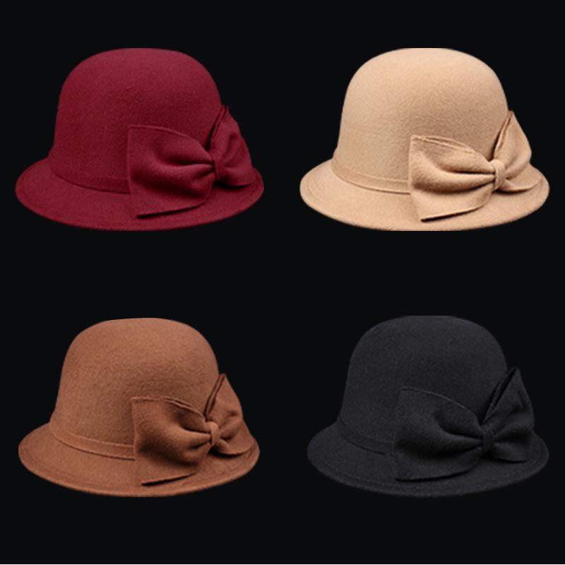 Damen Herbst- und Winterwolle Wollschleife Schüsselhut modisch und einfach Krempenhut Promi elegant Filz-Zylinderhut
