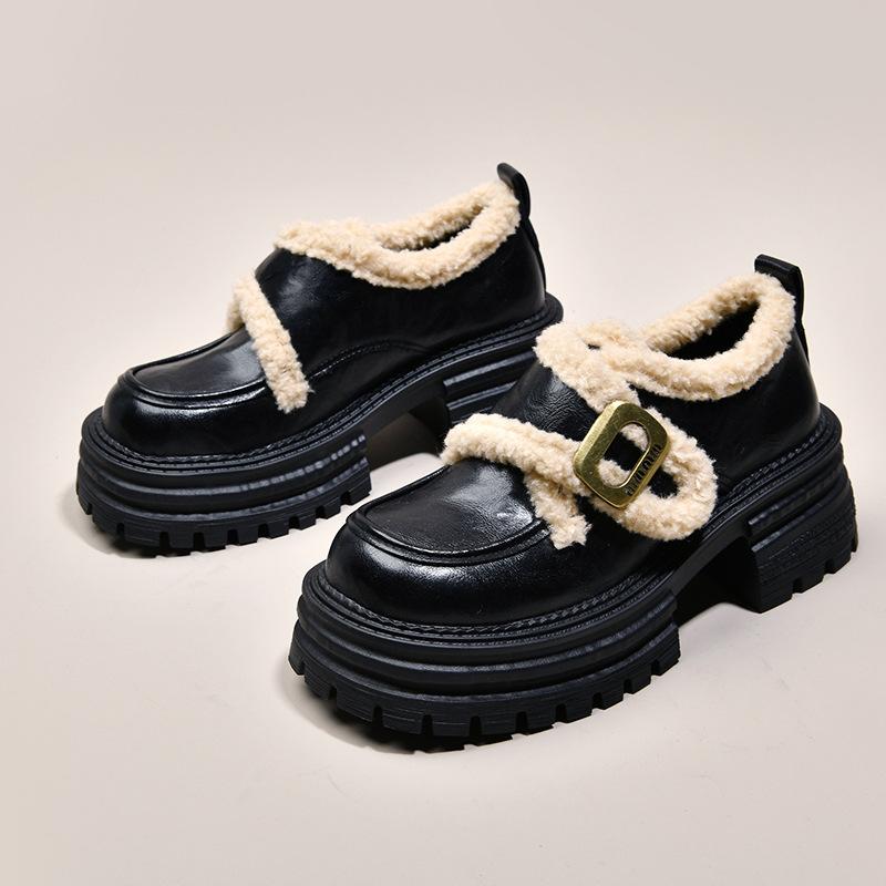 British Style Velvet Loafers Cotton Shoes for Women's 2025 Autumn and Winter New Thick-soled Thick-heeled Retro Fluffy Mary Jane Small Leather Shoes