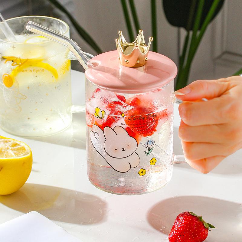 Keramiskt lock borosilikatglas sugrörskopp 500ML personlighet söt drickskopp stor kapacitet mugg med lock