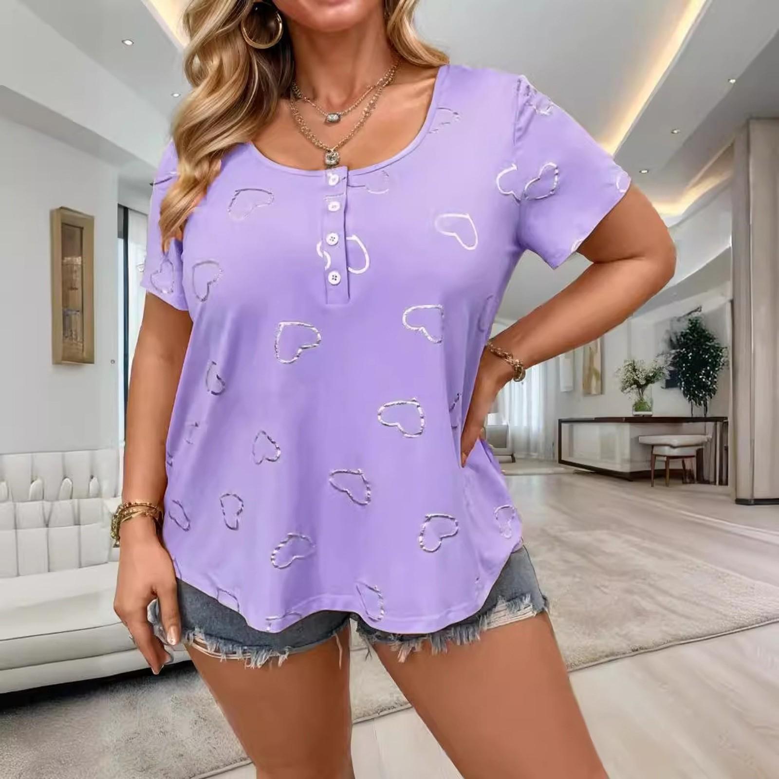 

Футболки для женщин, плиссированные, с R-образным вырезом, нарядные, повседневные, блузки с принтом, короткие рукава, летние топы, свободный крой XL фиолетовый