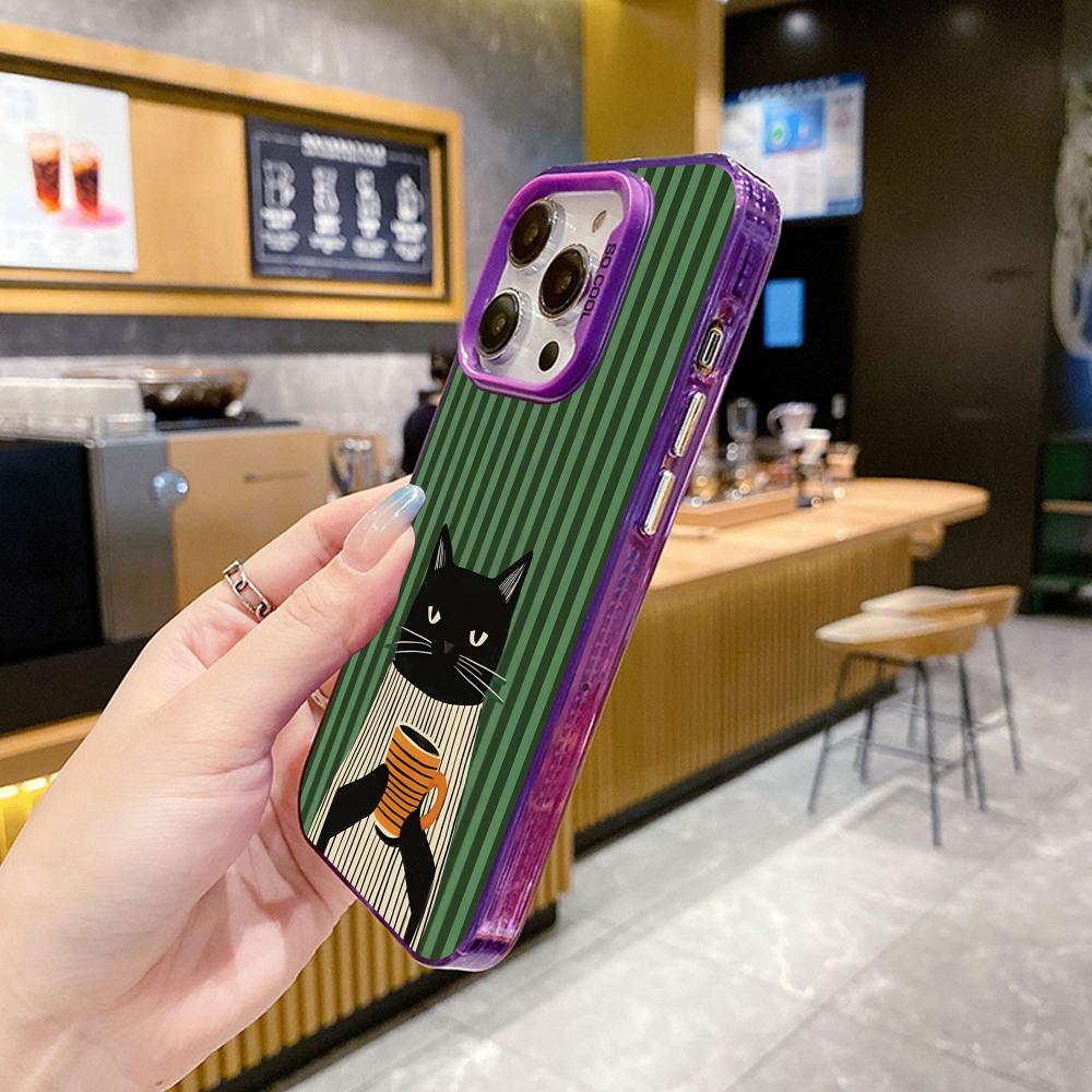 Cute Coffee Cat Purple Translucent Mobile Phone Case for iPhone 17 16 15 14 13 12 11 X XR XS Air Pro Max Plus Colorful Cover