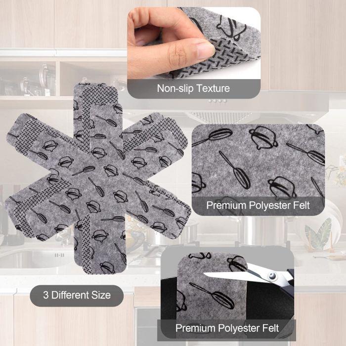 Coussins séparateurs pour casseroles - Lot de 12 - 3 tailles - Feutre de polyester - Gris