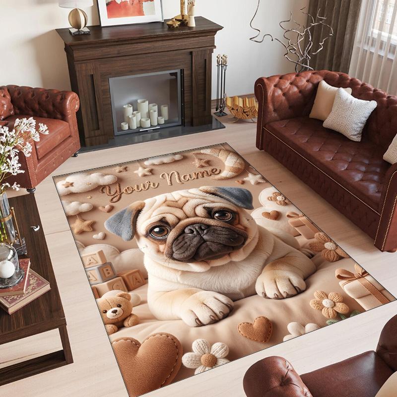 Pug Theme Crystal Velvet Floor Rug Personalized Custom Name Text Warm Carpet Home Decoration