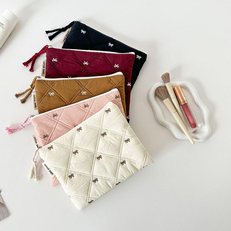 Quilted Design Cosmetic Bag Embroidered Bow Large Capacity Stationery Bag Multifunctional Pen Bag