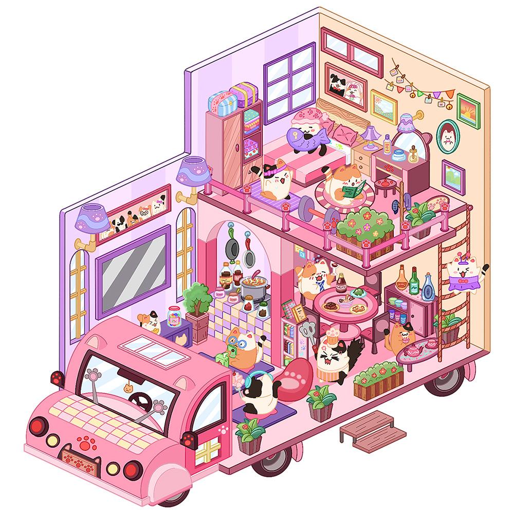 Cartoon Landscape Stickers Miniature World Small Creative 3D Cabin Decompression DIY Scene Home Interaction PET Stickers