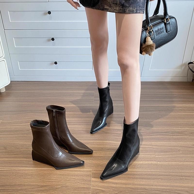 Leather Retro Niche Design Sense Fashionable Versatile Short Boots French Pointed 8CM Heel Heightened Elastic Thin Boots