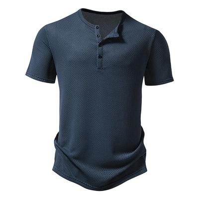 Summer Men's Short Sleeve T-shirt Solid Color Henley Collar Casual Tees Men Breathable Tshirt