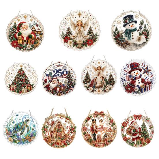 Holiday Window Hanging Decor Christmas Faux Pearl Painting Suncatcher Kit, 3D Nativity/Santa Claus/Bird/Tree Creative Handcrafts Beads Art Craft,
