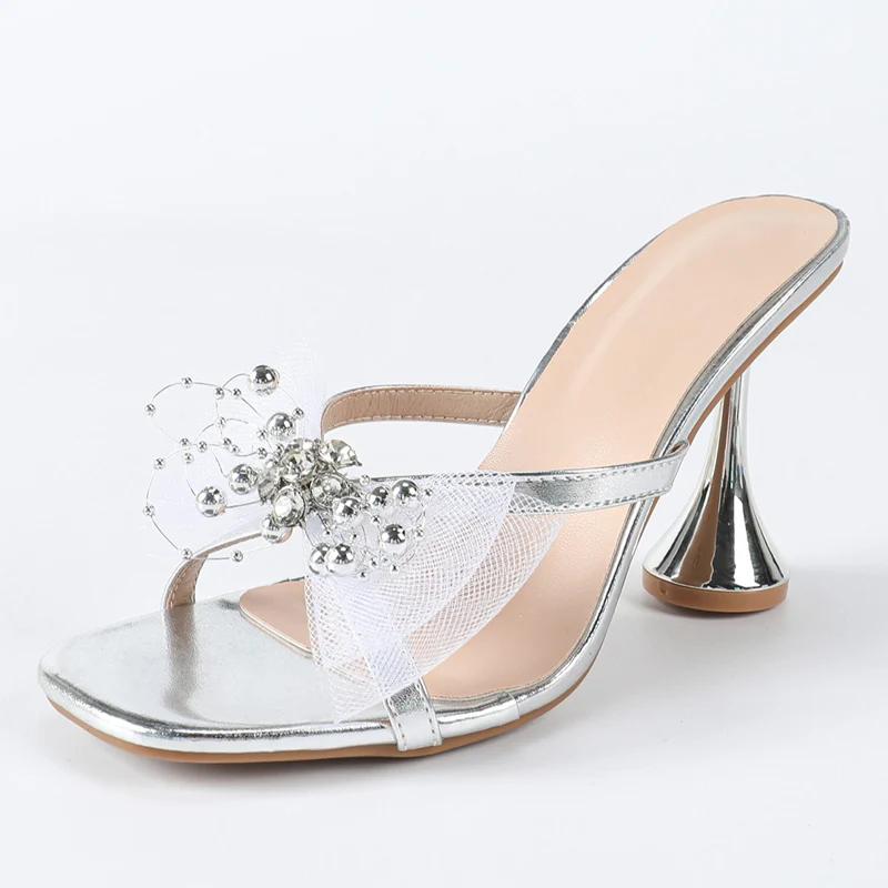 Fashion Eilyken Fashion Summer Hollow Out Butterfly-knot Slippers Women Square Toe High Heels Banquet Dress Ladies Shoes