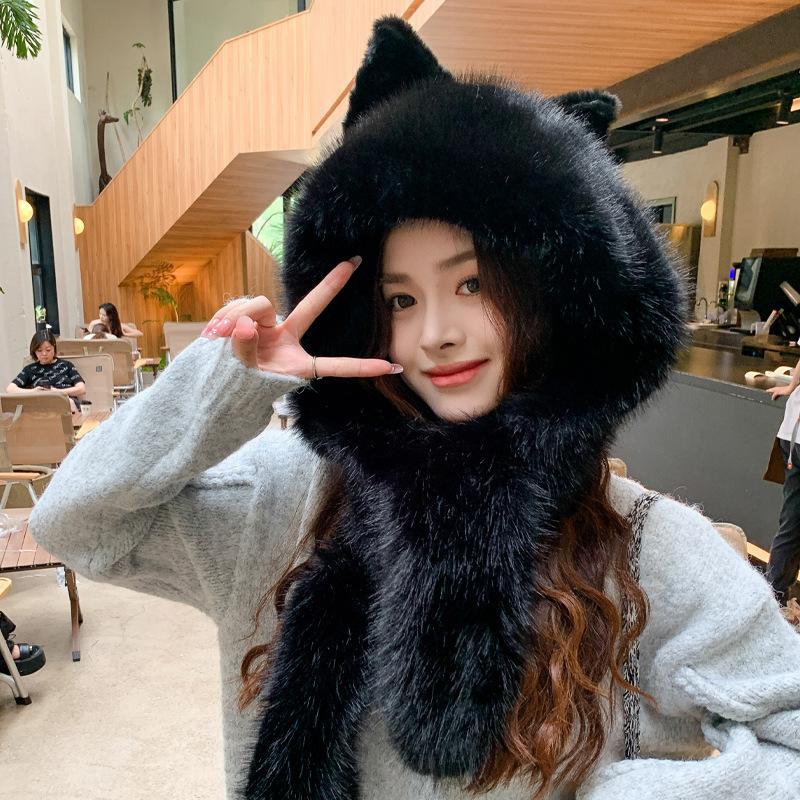 Plüschige warme Bärenmütze, Schal, einteiliges Set, winddichte Fahrradmütze mit Gehörschutz, verdickt und vielseitig im Winter