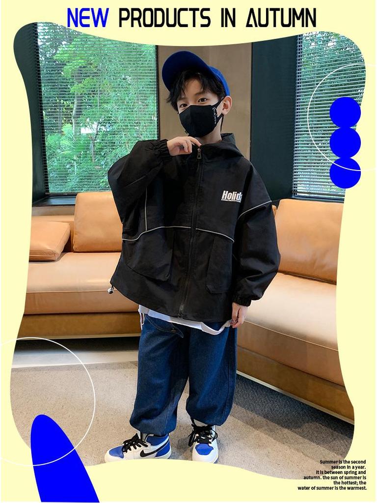 Boys' 2026 Spring Hooded Windbreaker Jacket - Trendy and Casual Sportswear for Medium to Large Kids