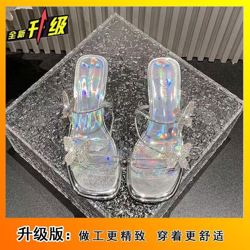 Beautiful Cool Slippers Women's 2025 Summer New Transparent Temperament Bow Rhinestone with Skirt High Heel Fairy Sandals