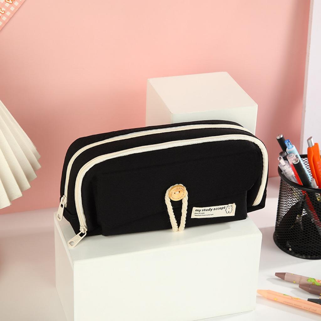Button-layered Pen Case High Appearance Level Large-capacity Canvas Pencil Case Simple Stationery Bag