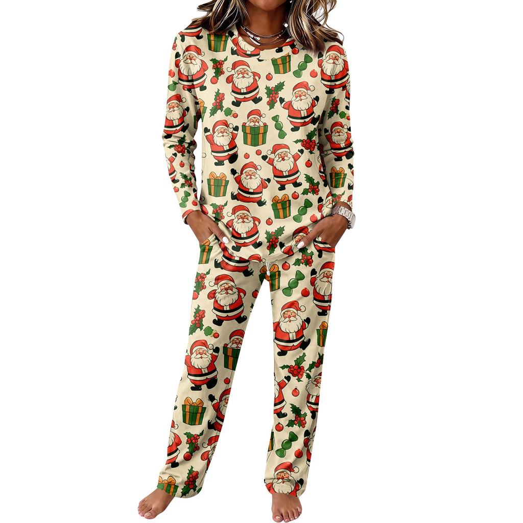 Round Neck Long Sleeve Wide Leg Pants Set, Casual Home Pajama Sleepwear