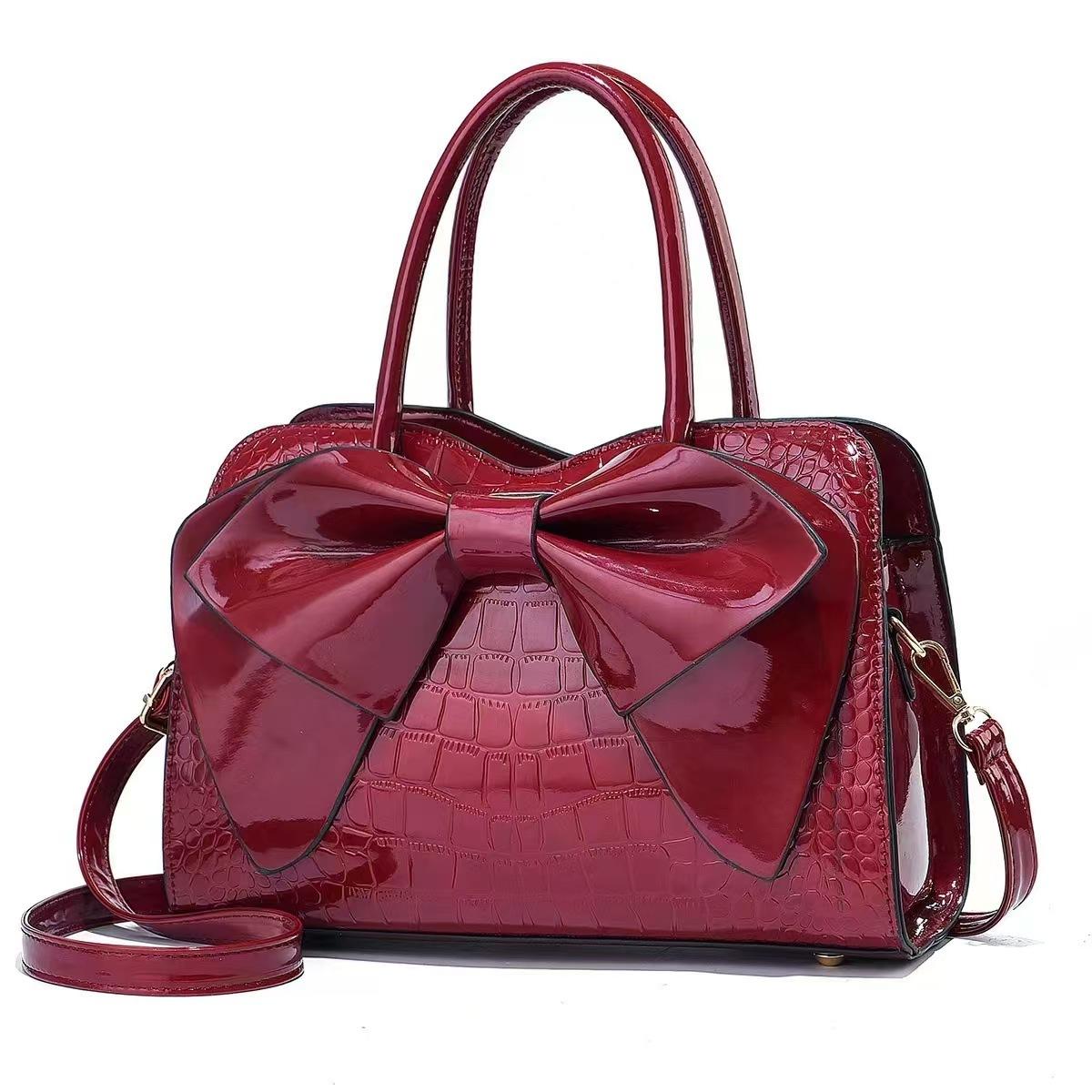 

Women s Glossy Patent Leather Bow Handbag, Crocodile Embossed Top Handle Satchel, Detachable Strap Crossbody Shoulder Bag вина червоного кольору