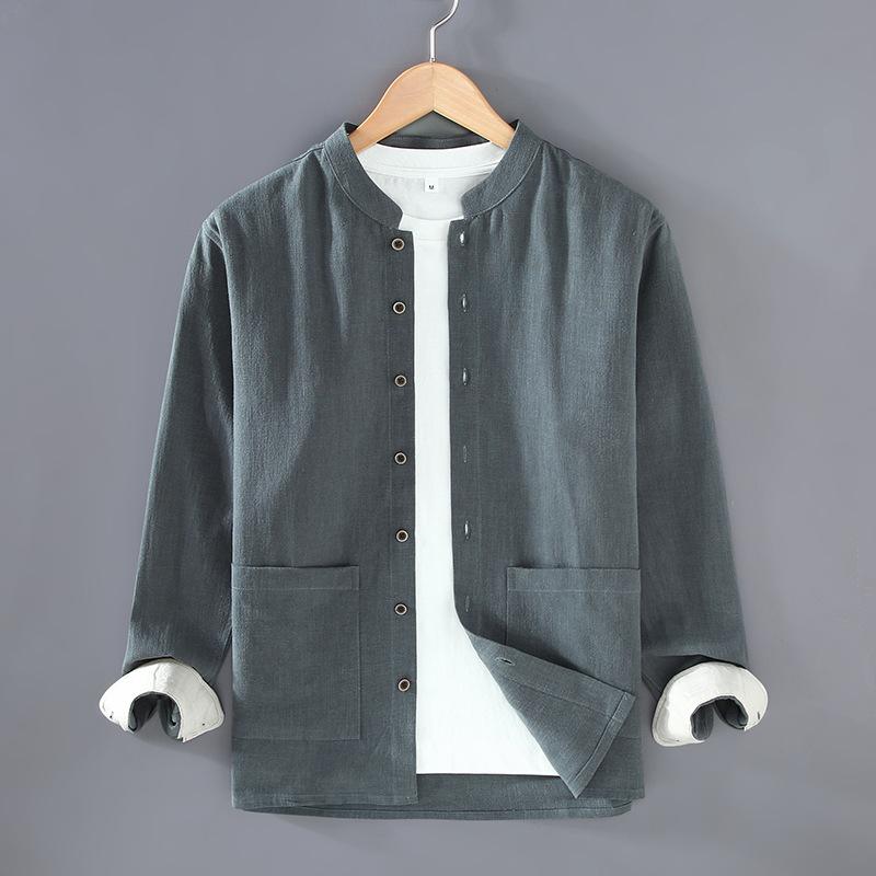 Spring and Summer Men Jackets Chinese Style Cotton Linen Thin Coat Big Pocket Button Stand Collar Jacket Traditional Men Clothing