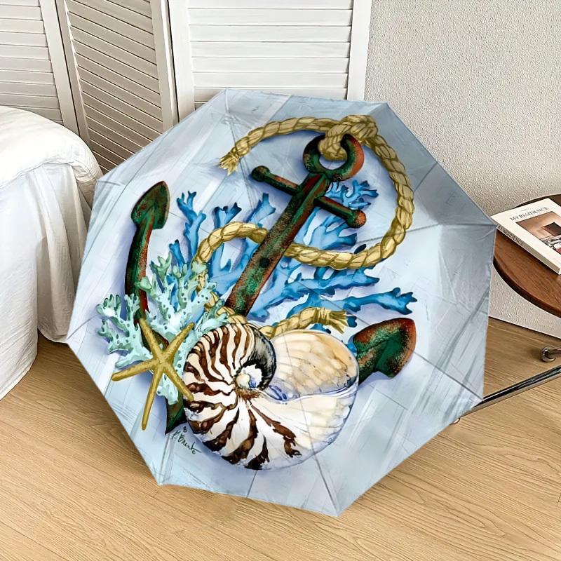 1pc Nautical Decor with Anchor, Shells, and Coral Umbrella with Plastic Handle,Suitable for All Seasons Home Travel Outdoor UmbrellaDD1403