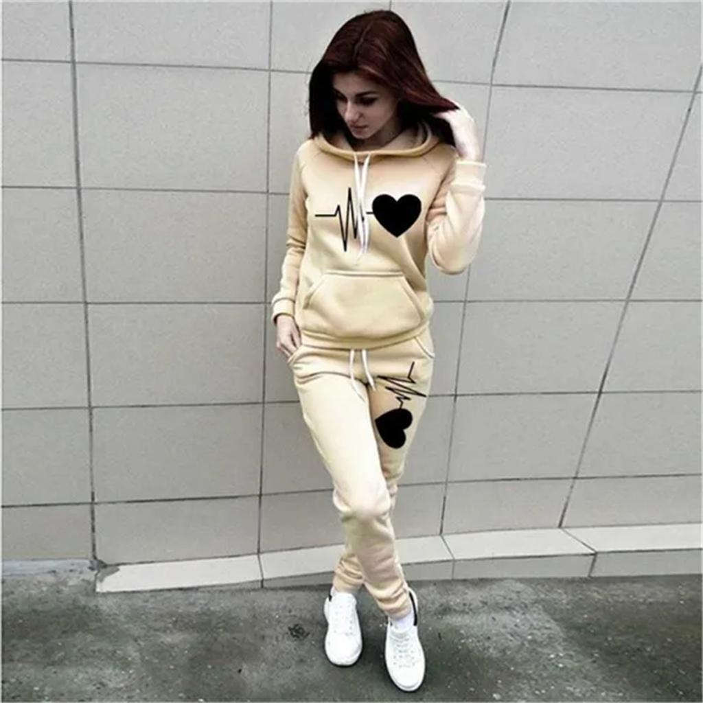 Hot Women's Hooded Pants Love Printed Sportswear Autumn and Winter Two Piece Sweatshirt Sweatpants with Pockets Sweatshirt Set