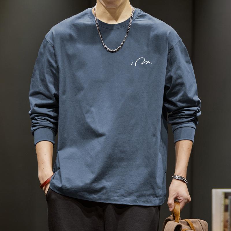 Men's White Long Sleeve T-Shirt - Minimalist Small Signature Print Casual Top