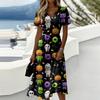 Women Halloween Print Casual Short Sleeve V Neck Midi Dress Comfortable Relaxed Fit Seasonal Patterned Design