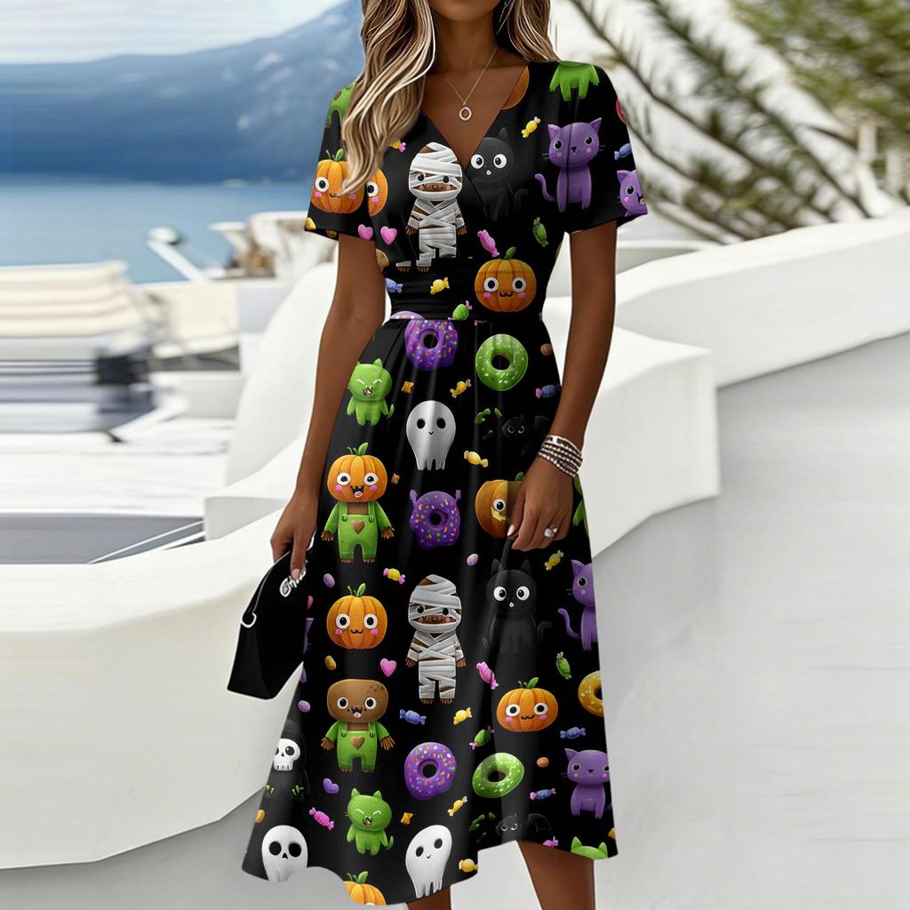 Women Halloween Print Casual Short Sleeve V Neck Midi Dress Comfortable Relaxed Fit Seasonal Patterned Design