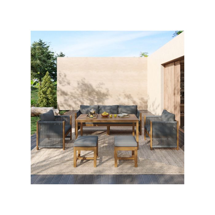 Ensemble table de jardin, canapé 3 places, 2 canapés individuels, 2 tabourets, plateau en bois d'acacia, gris