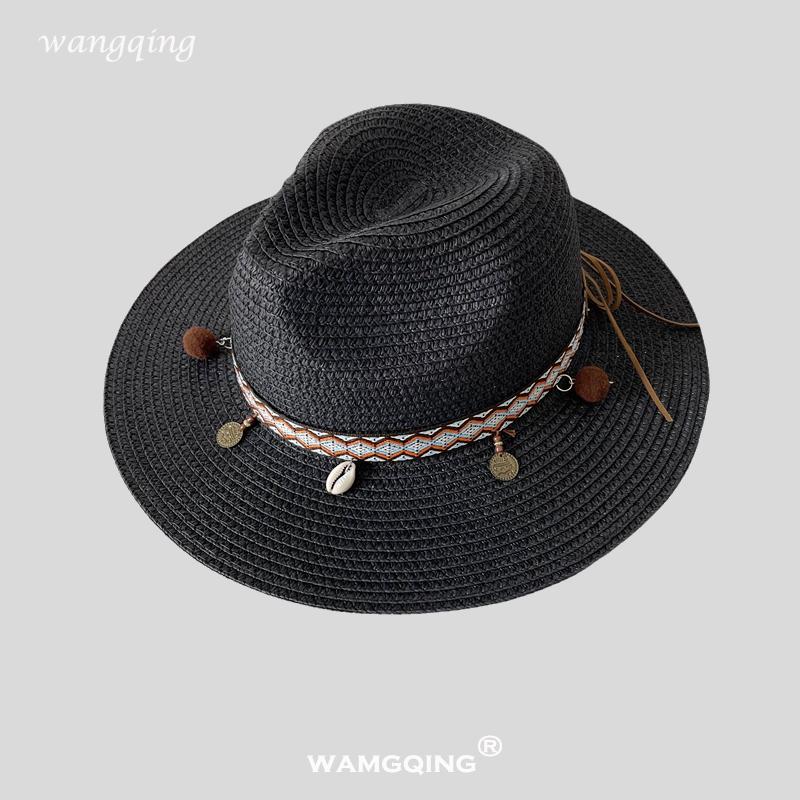 2025 New Fashion Bohemia Style Vacation Straw Hat Women Beach Grassland Travel Retro Cowboy Sun Hat Women's Wide Brim Panama