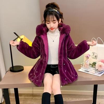 Winter Mid-length Imitation Rabbit Fur Solid Waist Design Childrens Jacket with Cap Long Sleeve Coat for Girls 4 8 12 Y
